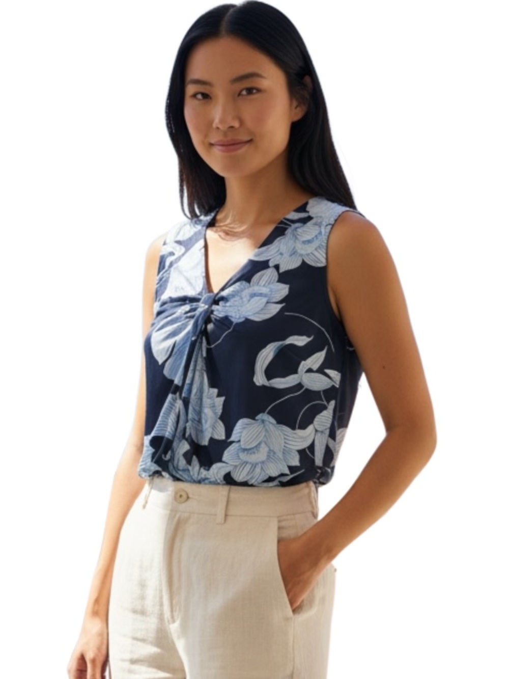 Made in Italy Navy/Light Blue Floral V-Neck Sleeveless Gather Front Top (L)